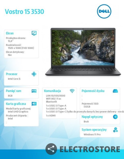 Dell Notebook Vostro 15 (3530) Win11Pro i5-1334U/8GB/512GB SSD/15.6 FHD 120Hz/Intel UHD/FgrPr/FHD Cam/Mic/WLAN + BT/Backlit Kb/3 Cell