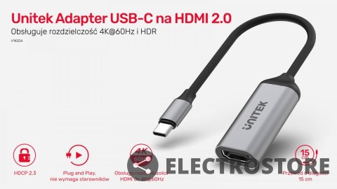 Unitek Adapter USB-C - HDMI 2.0; 4K 60Hz; M/F; V1420A Unitek Adapter USB-C - HDMI 2.0; 4K 60Hz; M/F; V1420A