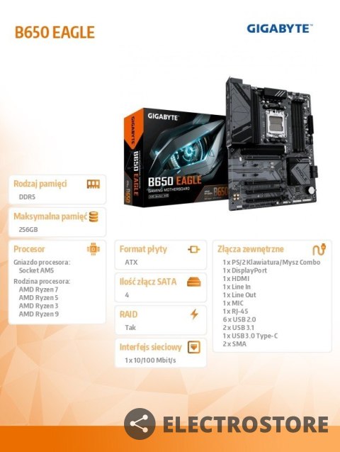 Gigabyte Płyta główna B650 EAGLE AM5 4DDR5 HDMI/DP ATX Gigabyte Płyta główna B650 EAGLE AM5 4DDR5 HDMI/DP ATX