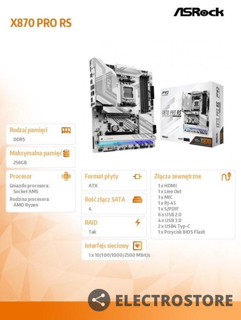 ASRock Płyta główna X870 PRO RS AM5 4DDR5 M.2 ATX ASRock Płyta główna X870 PRO RS AM5 4DDR5 M.2 ATX
