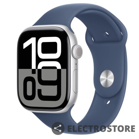 Apple Watch Series 10 GPS, koperta 46 mm z aluminium w kolorze srebrnym z paskiem sportowym w kolorze denim - rozmiar M/L