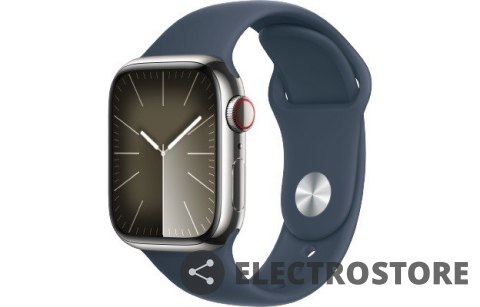 Apple Watch Series 9 GPS + Cellular, 41mm Koperta ze stali nierdzewnej w kolorze srebrnym z paskiem sportowym w kolorze sztormowego bł