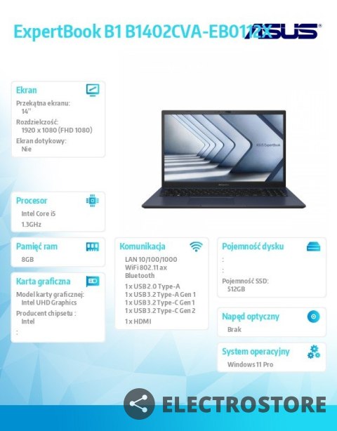 Asus Notebook ExpertBook B1 B1402CVA-EB0112X - i5 1335U/8GB/512GB/14" FHD/Win 11 PRO/3YRS Asus Notebook ExpertBook B1 B1402CVA-EB0112X - i5 1335U/8GB/512GB/14" FHD/Win 11 PRO/3YRS