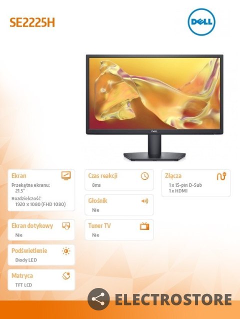 Dell Monitor SE2225H 21.5 cala LED VA/1920x1080/HDMI/VGA/3Y Dell Monitor SE2225H 21.5 cala LED VA/1920x1080/HDMI/VGA/3Y