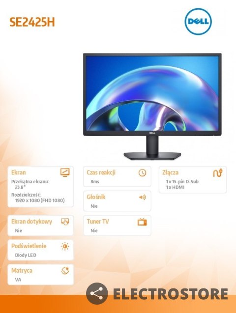 Dell Monitor SE2425H 23.8 cala LED VA/1920x1080/HDMI/VGA/3Y Dell Monitor SE2425H 23.8 cala LED VA/1920x1080/HDMI/VGA/3Y