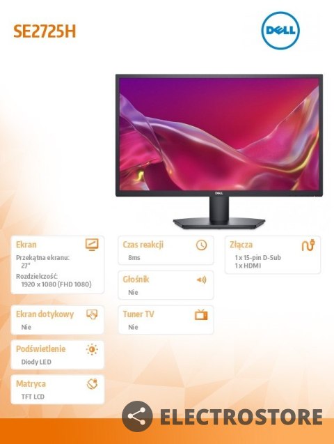Dell Monitor SE2725H 27 cali LED VA 1920x1080/HDMI/VGA/3Y Dell Monitor SE2725H 27 cali LED VA 1920x1080/HDMI/VGA/3Y