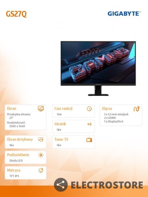 Gigabyte Monitor 27 cali GS27Q IPS QHD HDMI DP 165HZ Gigabyte Monitor 27 cali GS27Q IPS QHD HDMI DP 165HZ