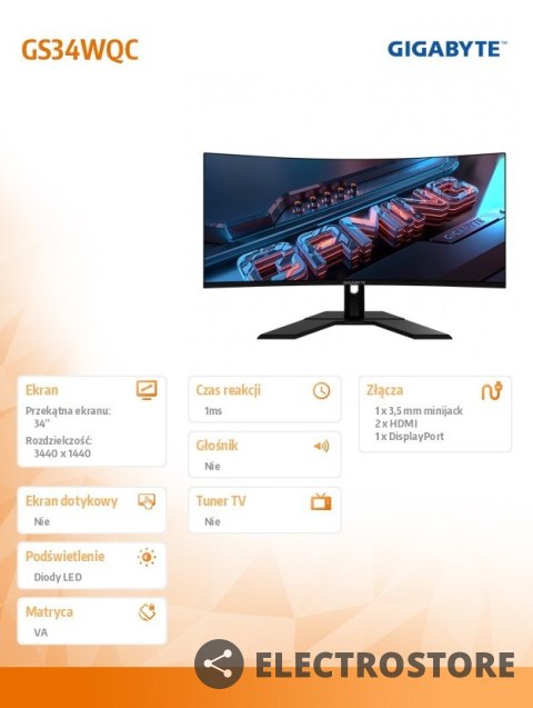 Gigabyte Monitor 34 cale GS34WQC 120H 1ms/VA/HDMI//DP Gigabyte Monitor 34 cale GS34WQC 120H 1ms/VA/HDMI//DP