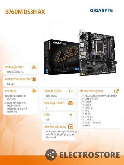 Gigabyte Płyta główna B760M DS3H AX s1700 4 DDR5 HDMI/DP/DSUB mATX Gigabyte Płyta główna B760M DS3H AX s1700 4 DDR5 HDMI/DP/DSUB mATX