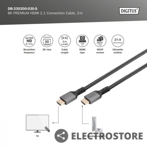 Digitus Kabel Premium połączeniowy HDMI 2.1 Ultra HighSpeed 8K60Hz UHD Typ HDMI A/A M/M 3m Czarny Digitus Kabel Premium połączeniowy HDMI 2.1 Ultra HighSpeed 8K60Hz UHD Typ HDMI A/A M/M 3m Czarny