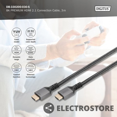 Digitus Kabel Premium połączeniowy HDMI 2.1 Ultra HighSpeed 8K60Hz UHD Typ HDMI A/A M/M 3m Czarny Digitus Kabel Premium połączeniowy HDMI 2.1 Ultra HighSpeed 8K60Hz UHD Typ HDMI A/A M/M 3m Czarny