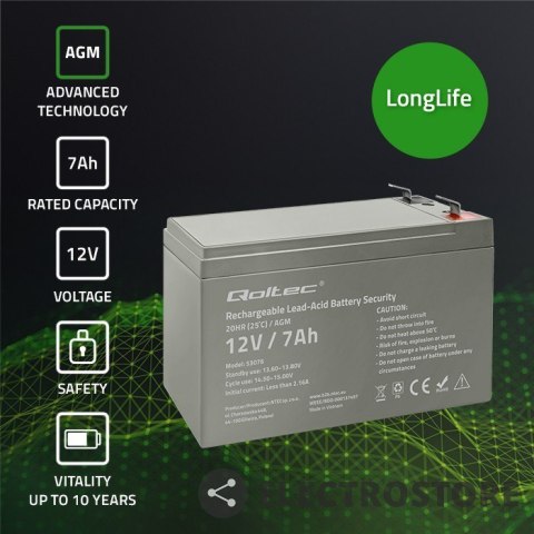 Qoltec Akumulator AGM | 12V | 7Ah | max. 105A | Security Qoltec Akumulator AGM | 12V | 7Ah | max. 105A | Security
