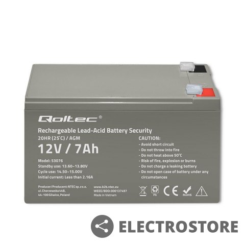 Qoltec Akumulator AGM | 12V | 7Ah | max. 105A | Security Qoltec Akumulator AGM | 12V | 7Ah | max. 105A | Security