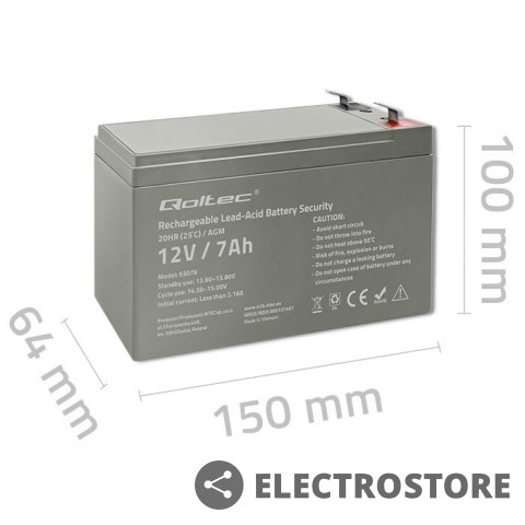Qoltec Akumulator AGM | 12V | 7Ah | max. 105A | Security Qoltec Akumulator AGM | 12V | 7Ah | max. 105A | Security