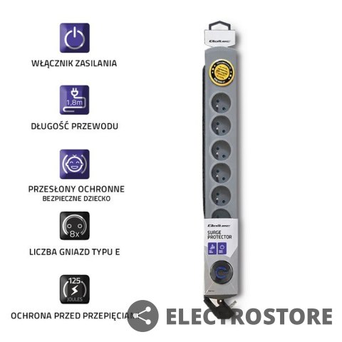 Qoltec Listwa antyprzepięciowa Quick Switch, 8 gniazd, 1,8m, szara Qoltec Listwa antyprzepięciowa Quick Switch, 8 gniazd, 1,8m, szara