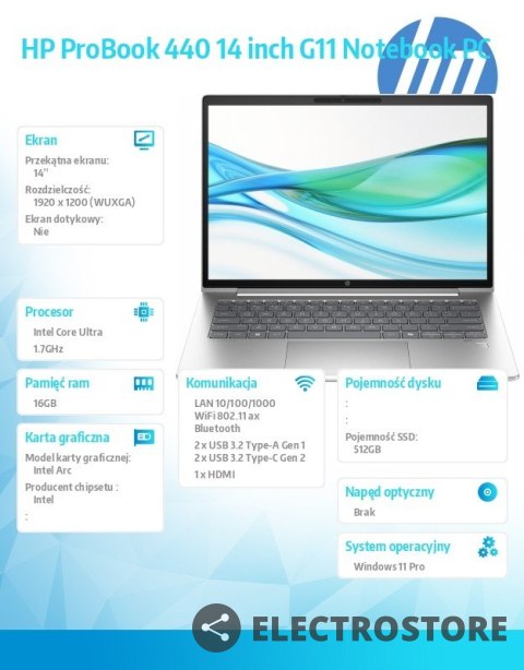 HP Inc. Notebook ProBook 440 G11 U7-155U 512GB/16GB/W11P/14 cali A38DKET HP Inc. Notebook ProBook 440 G11 U7-155U 512GB/16GB/W11P/14 cali A38DKET