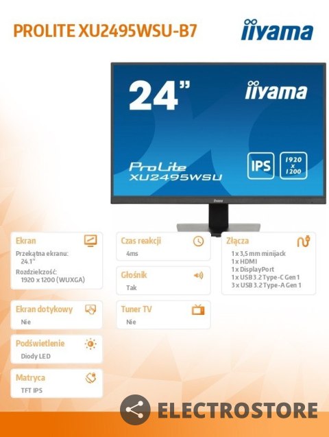 IIYAMA Monitor 24 cale XU2495WSU-B7 IPS,16:10,300cd,4ms,HDMI,DP,3xUSB(3.2), 1xUSB-c,2x2W,FlickerFree IIYAMA Monitor 24 cale XU2495WSU-B7 IPS,16:10,300cd,4ms,HDMI,DP,3xUSB(3.2), 1xUSB-c,2x2W,FlickerFree