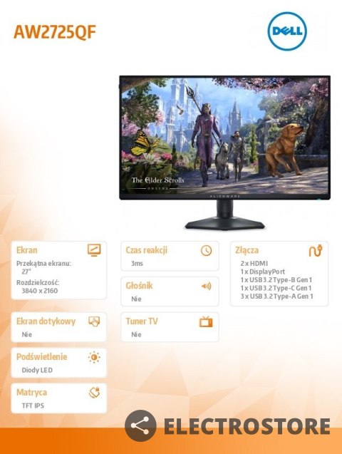 Dell Monitor AW2725QF 27.0 cali NVIDIA G-Sync Compatible IPS Dual-Resolution/4K 180Hz/FHD 360Hz/16:9/DP/HDMI/USBC/USB/3Y Dell Monitor AW2725QF 27.0 cali NVIDIA G-Sync Compatible IPS Dual-Resolution/4K 180Hz/FHD 360Hz/16:9/DP/HDMI/USBC/USB/3Y