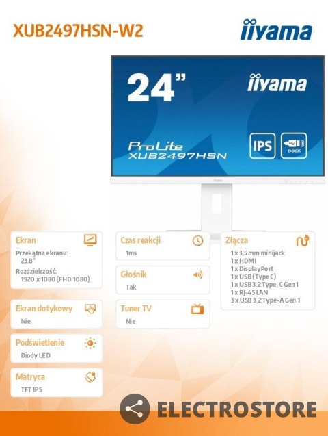 IIYAMA Monitor 24 cale XUB2497HSN-W2 IPS, USB-C Dock, HDMI, DP, 300cd, Pivot, HAS, biały /5y/ IIYAMA Monitor 24 cale XUB2497HSN-W2 IPS, USB-C Dock, HDMI, DP, 300cd, Pivot, HAS, biały /5y/