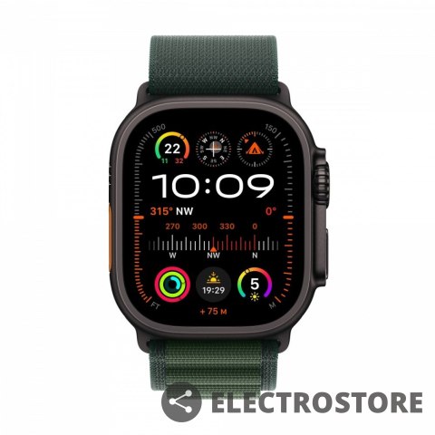 Apple Watch Ultra 2 GPS + Cellular, koperta 49 mm z tytanu w kolorze czarnym z opaską Alpine L w kolorze ciemnozielonym Apple Watch Ultra 2 GPS + Cellular, koperta 49 mm z tytanu w kolorze czarnym z opaską Alpine L w kolorze ciemnozielonym