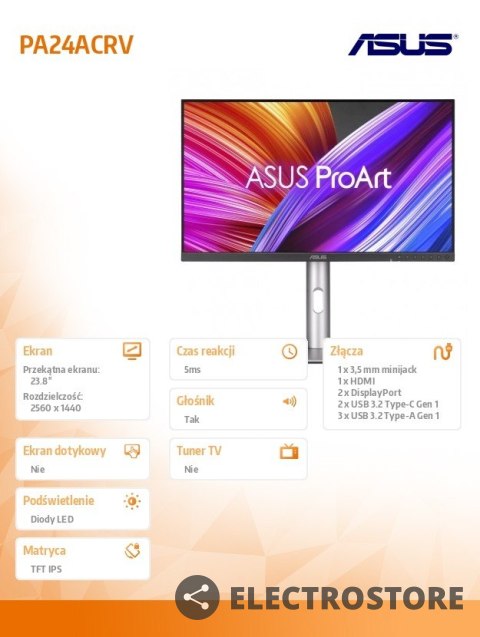 Asus Monitor 24 cale PA24ACRV BK/5MS/EU/DP/HDMI/USB-C/GŁOŚNIKI Asus Monitor 24 cale PA24ACRV BK/5MS/EU/DP/HDMI/USB-C/GŁOŚNIKI