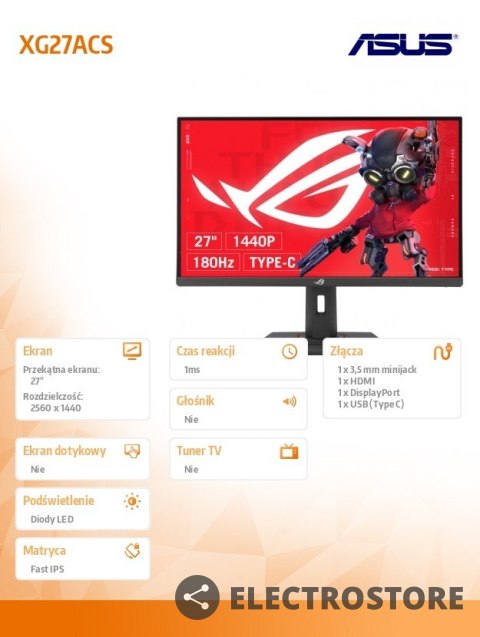 Asus Monitor 27 cali XG27ACS ROG IPS-F 180Hz 1MS/350cd/m2/HDMI DP PIVOT USB-C H:0-120MM Asus Monitor 27 cali XG27ACS ROG IPS-F 180Hz 1MS/350cd/m2/HDMI DP PIVOT USB-C H:0-120MM