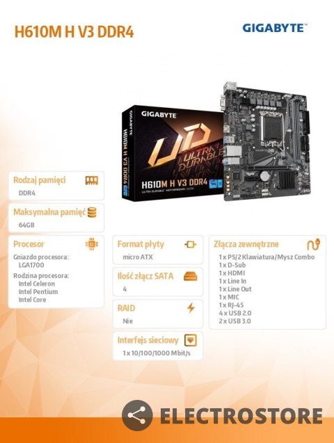 Gigabyte Płyta główna H610M H V3 DDR4 s1700 2DDR4 HDMI USB mATX Gigabyte Płyta główna H610M H V3 DDR4 s1700 2DDR4 HDMI USB mATX
