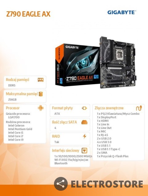 Gigabyte Płyta główna Z790 EAGLE AX s1700 4DDR5 HDMI/DP ATX Gigabyte Płyta główna Z790 EAGLE AX s1700 4DDR5 HDMI/DP ATX