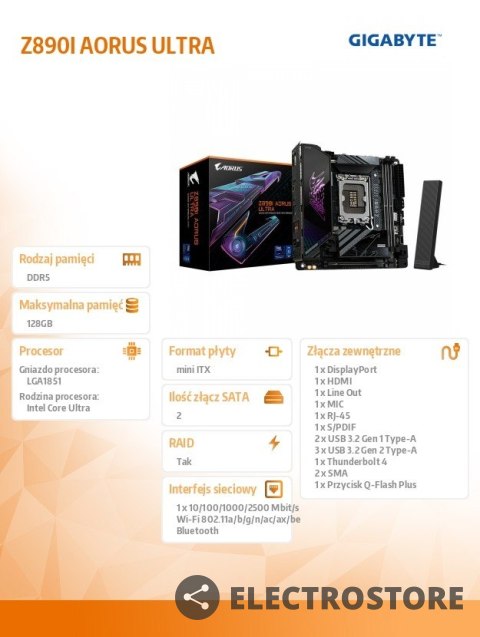 Gigabyte Płyta główna Z890I AORUS ULTRA Gigabyte Płyta główna Z890I AORUS ULTRA
