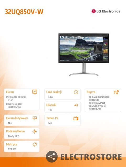 LG Electronics Monitor 31.5 cali 32UQ850V-W UHD LG Electronics Monitor 31.5 cali 32UQ850V-W UHD