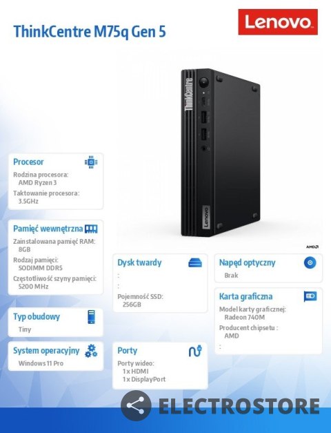 Lenovo Komputer ThinCentre M75q G5 Tiny 12RQ000VPB W11Pro 8300GE/8GB/256GB/AMD Radeon/3YR OS Lenovo Komputer ThinCentre M75q G5 Tiny 12RQ000VPB W11Pro 8300GE/8GB/256GB/AMD Radeon/3YR OS