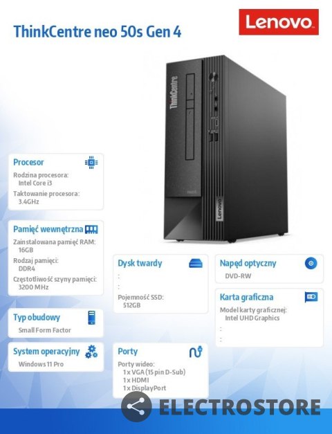 Lenovo Komputer ThinkCentre Neo 50s G4 SFF 12JF00EJPB W11Pro i3-13100/16GB/512GB/INT/DVD/3YRS OS Lenovo Komputer ThinkCentre Neo 50s G4 SFF 12JF00EJPB W11Pro i3-13100/16GB/512GB/INT/DVD/3YRS OS