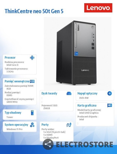 Lenovo Komputer ThinkCentre Neo 50t G5 TWR 12UD002JPB W11Pro i3-14100/8GB/256GB/INT/DVD/3YR OS Lenovo Komputer ThinkCentre Neo 50t G5 TWR 12UD002JPB W11Pro i3-14100/8GB/256GB/INT/DVD/3YR OS