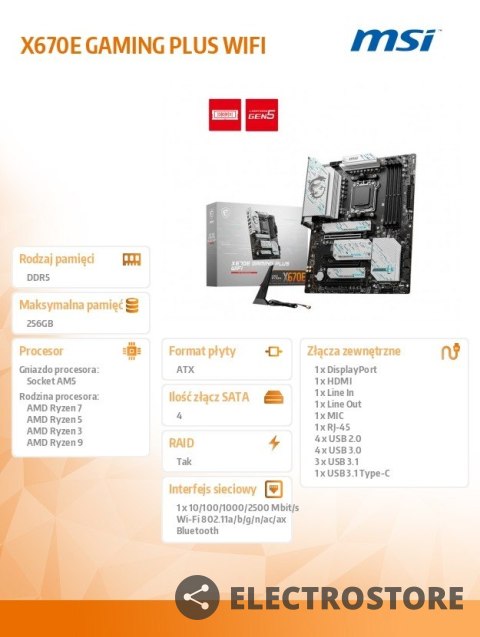 MSI Płyta główna X670E GAMING PLUS WIFI AM5 4DDR5 HDMI ATX MSI Płyta główna X670E GAMING PLUS WIFI AM5 4DDR5 HDMI ATX