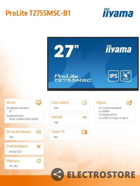 IIYAMA Monitor 27 cali T2755MSC-B1 DOTYK,USB,HDMI,IPS IIYAMA Monitor 27 cali T2755MSC-B1 DOTYK,USB,HDMI,IPS