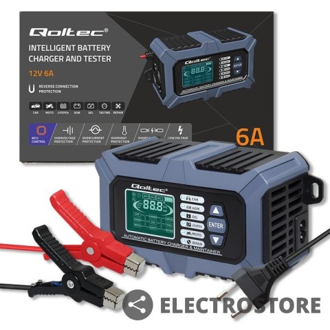 Qoltec Inteligentna mikroprocesorowa ładowarka z testerem baterii i funkcją naprawy 12V | 6A | LCD | Prostownik do akumulatora AGM LiFe Qoltec Inteligentna mikroprocesorowa ładowarka z testerem baterii i funkcją naprawy 12V | 6A | LCD | Prostownik do akumulatora AGM LiFe