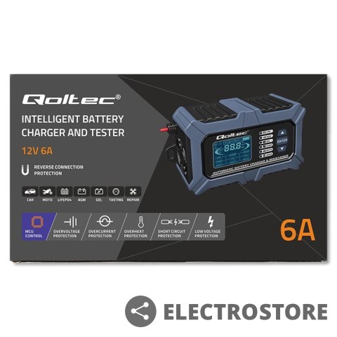 Qoltec Inteligentna mikroprocesorowa ładowarka z testerem baterii i funkcją naprawy 12V | 6A | LCD | Prostownik do akumulatora AGM LiFe Qoltec Inteligentna mikroprocesorowa ładowarka z testerem baterii i funkcją naprawy 12V | 6A | LCD | Prostownik do akumulatora AGM LiFe