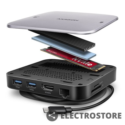 AXAGON HMC-UFO Wieloportowy hub 9in1 USB-C 3.2 Gen 2 10Gbps HDMI M.2 NVMe/SATA audio PD100W microSD LAN