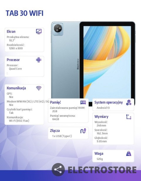 Blackview Tablet TAB 30 WiFi 10.1 cala 2/64GB 5100 mAh niebieski Blackview Tablet TAB 30 WiFi 10.1 cala 2/64GB 5100 mAh niebieski