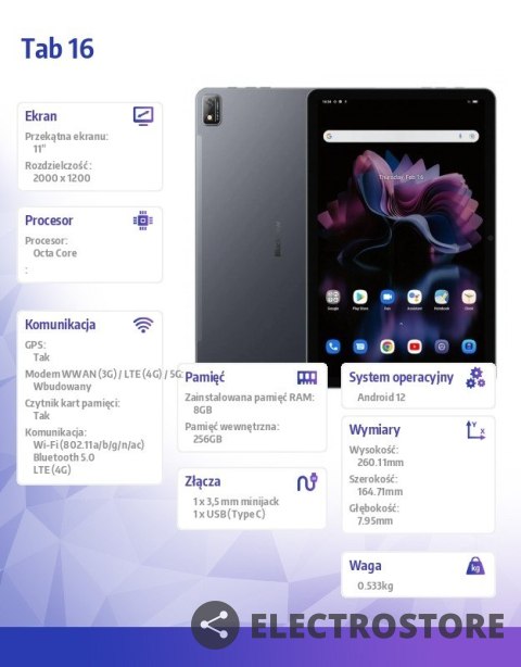 Blackview Tablet TAB16 8/256GB 7680 mAh 11 cali szary Blackview Tablet TAB16 8/256GB 7680 mAh 11 cali szary
