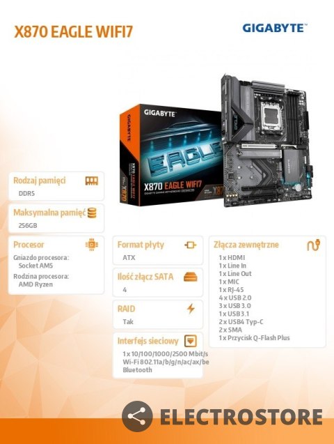 Gigabyte Płyta główna X870 EAGLE WIFI7 AM5 4DDR5 HDMI/USB-C ATX Gigabyte Płyta główna X870 EAGLE WIFI7 AM5 4DDR5 HDMI/USB-C ATX
