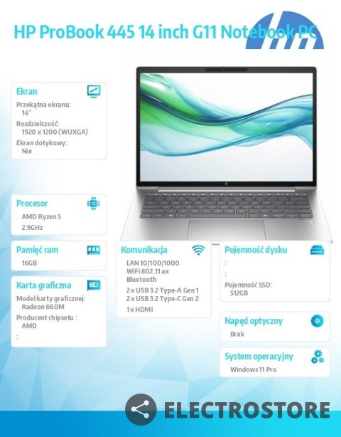 HP Inc. Notebook ProBook 445 G11 Ryzen 5 7535U 512GB/16GB/W11P/14.0 A38DRET HP Inc. Notebook ProBook 445 G11 Ryzen 5 7535U 512GB/16GB/W11P/14.0 A38DRET
