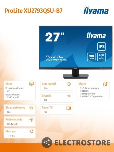 IIYAMA Monitor 27 cali XU2793QSU-B7 IPS,QHD,100Hz,HDMI,DP,300cd IIYAMA Monitor 27 cali XU2793QSU-B7 IPS,QHD,100Hz,HDMI,DP,300cd