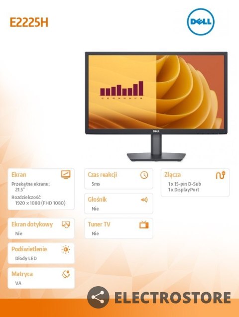 Dell Monitor E2225H 21.5 cala LED VA 1920x1080/DP/VGA/3Y Dell Monitor E2225H 21.5 cala LED VA 1920x1080/DP/VGA/3Y