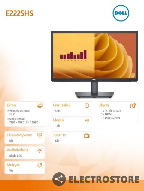 Dell Monitor E2225HS 21.4 cala LED VA FHD/(1920x1080)/16:9/DP/HDMI/VGA/Głośniki/3Y