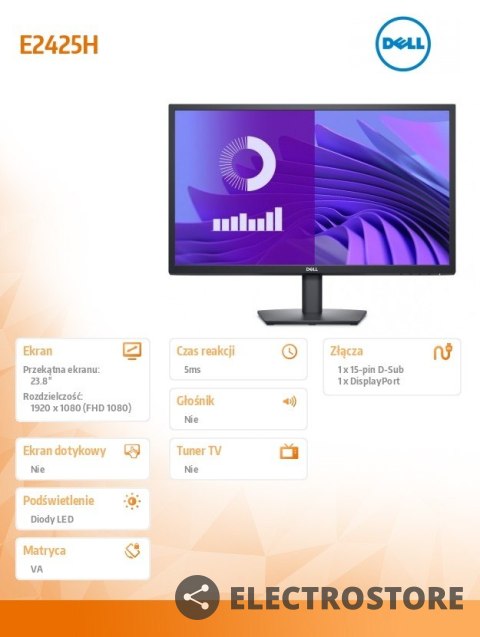 Dell Monitor E2425H 23.8 cala LED VA 1920x1080/DP/VGA/3Y Dell Monitor E2425H 23.8 cala LED VA 1920x1080/DP/VGA/3Y