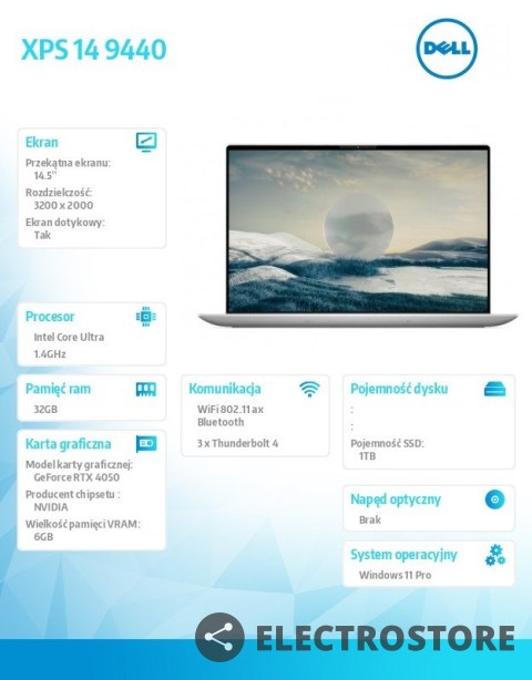 Dell Notebook XPS 14 9440/Ultra 7 155H/32GB/1TB SSD/14.5 3.5K Touch/GeForce RTX 4050/WLAN + BT/Backlit Kb/6 Cell/W11Pro Dell Notebook XPS 14 9440/Ultra 7 155H/32GB/1TB SSD/14.5 3.5K Touch/GeForce RTX 4050/WLAN + BT/Backlit Kb/6 Cell/W11Pro