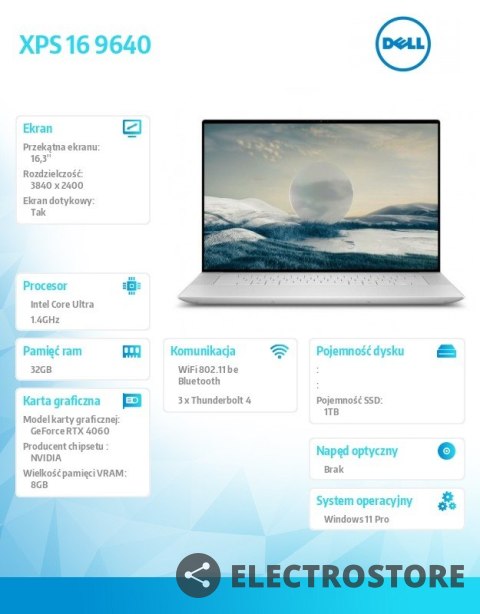 Dell Notebook XPS 16 9640/Ultra 7 155H/32GB/1TB SSD/16.3 UHD+ Touch/GeForce RTX 4060/WLAN + BT/Backlit Kb/6 Cell/W11Pro Dell Notebook XPS 16 9640/Ultra 7 155H/32GB/1TB SSD/16.3 UHD+ Touch/GeForce RTX 4060/WLAN + BT/Backlit Kb/6 Cell/W11Pro