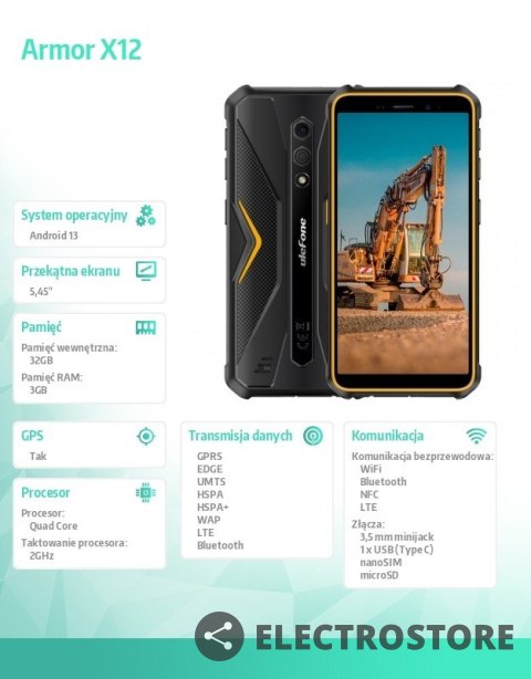 ULEFONE Smartfon Armor X12 4G 3/32GB IP69K pomarańczowy ULEFONE Smartfon Armor X12 4G 3/32GB IP69K pomarańczowy