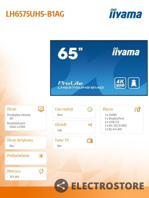 IIYAMA Monitor 65 cali LH6575UHS-B1AG 24/7,IPS,ANDROID.11,4K,500cd/m2,WiFi,3xHDMI,DP,Daisy/Chain,2xUSB,2x10W,RJ45,iiSignage2,FailOver,S IIYAMA Monitor 65 cali LH6575UHS-B1AG 24/7,IPS,ANDROID.11,4K,500cd/m2,WiFi,3xHDMI,DP,Daisy/Chain,2xUSB,2x10W,RJ45,iiSignage2,FailOver,S